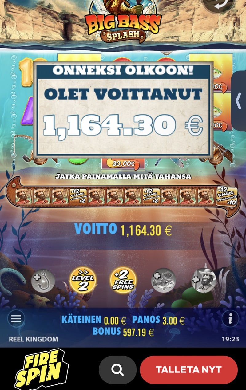 Big Bass Splash Casino win picture by satisfied 1164.3€ 388.1x 18.10.2023 Firespin