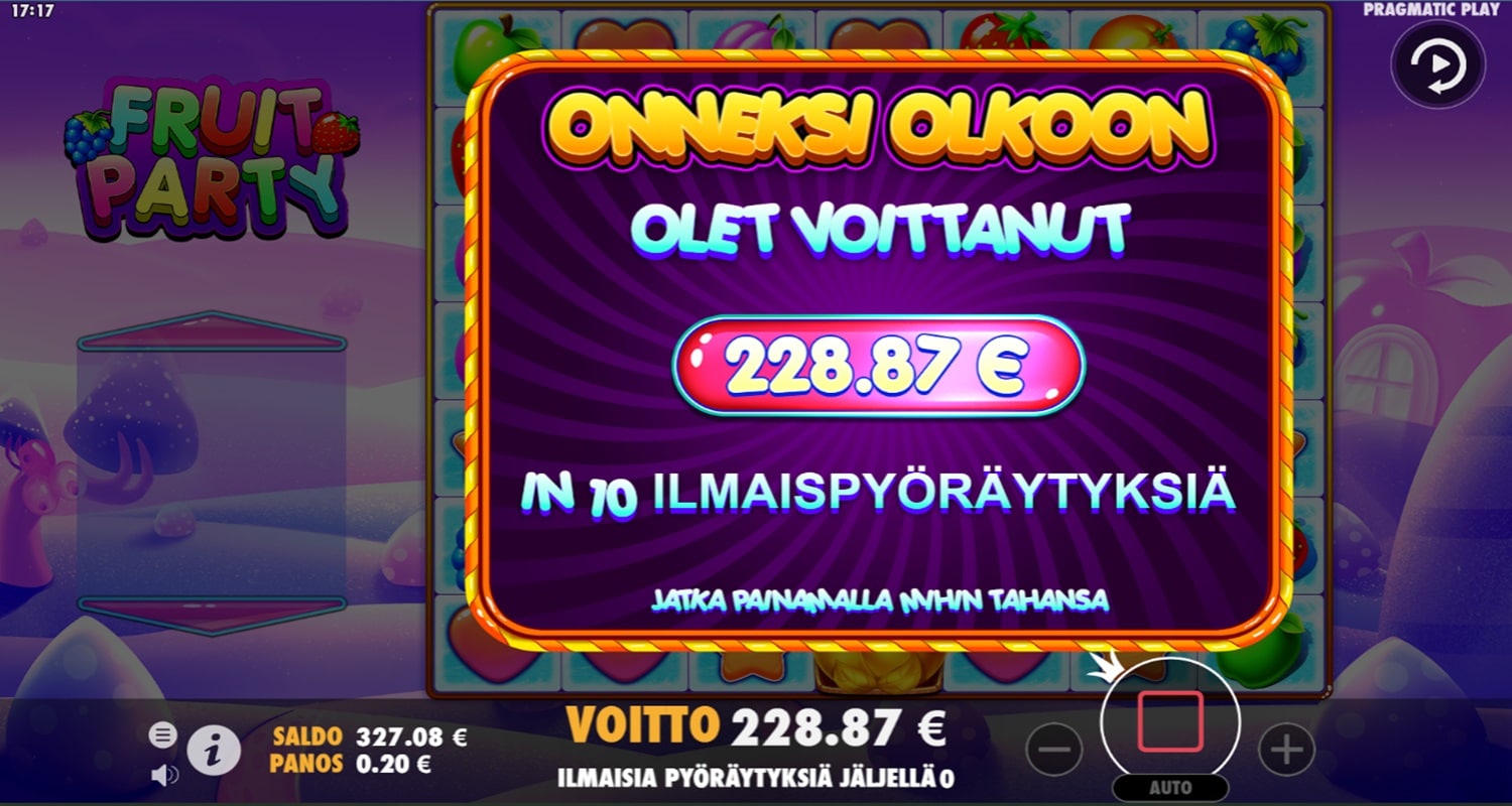 Fruit Party Casino win picture by TIR 228.87€ 1144.4x 25.10.2023