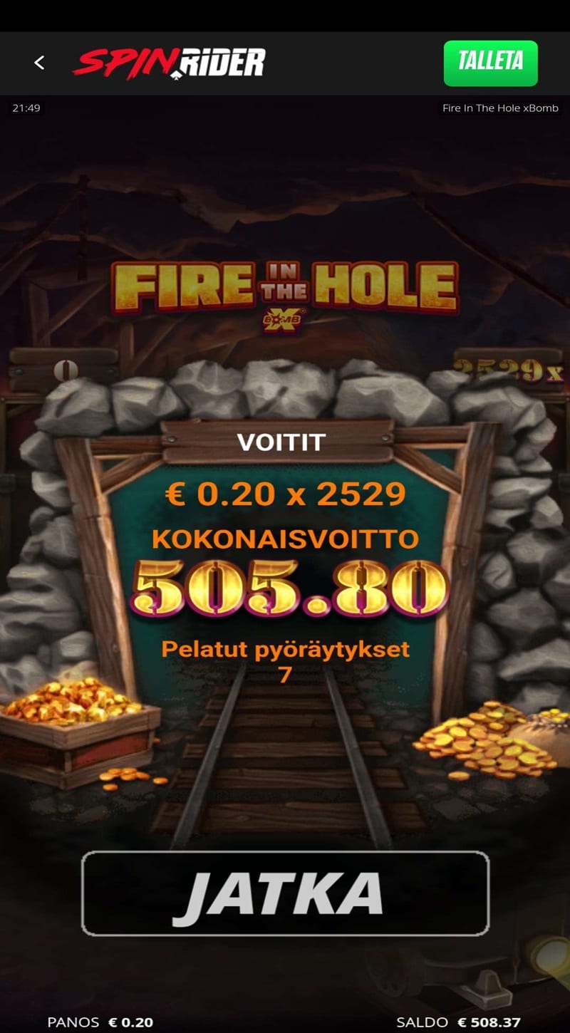Fire in the Hole Casino win picture by jounijuhani 505.80€ 2529x 30.10.2023 Spinrider